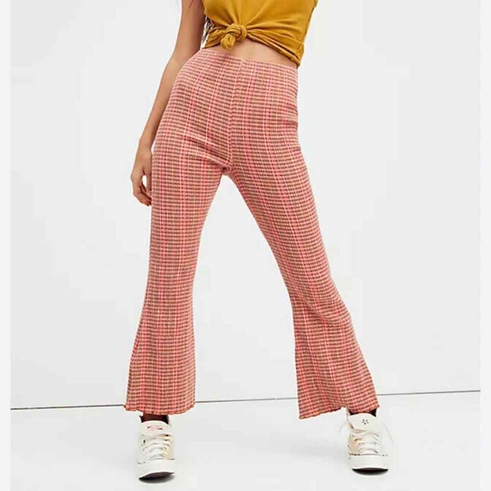 Free People Fine Line High Rise Pull on Orange Tan Plaid Waffle Texture XL